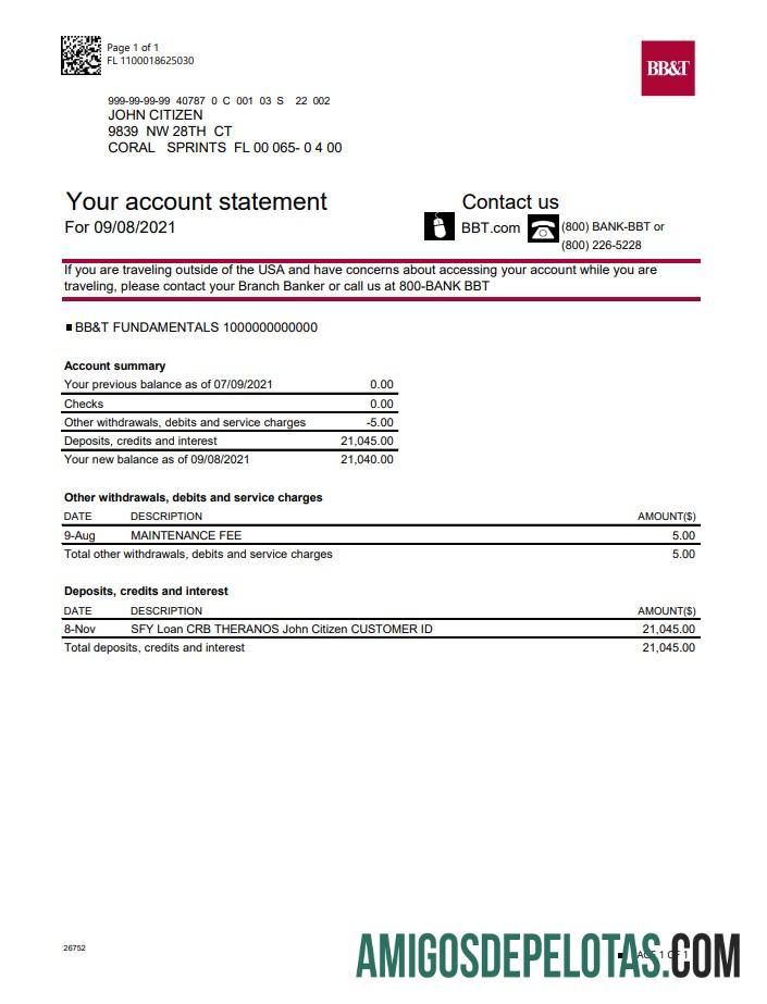Modelo de extrato de conta bancária para impressão nos EUA Carolina do Norte BB&T Corp. em formato Word e PDF